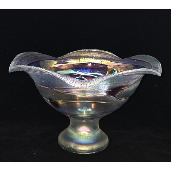Large Poschinger Bowl Compote  Stretch Iridescent frosted Purple threaded art gl - Picture 1 of 8